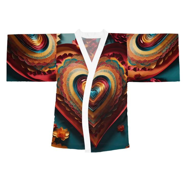 Infinite Layered Hearts - Long Sleeve Kimono Robe - All Over Prints - g(0D·IO) - XS - White -