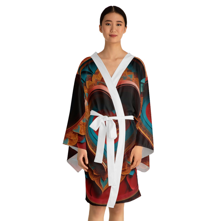 Infinite Layered Hearts - Long Sleeve Kimono Robe - All Over Prints - g(0D·IO) - XS - Black -