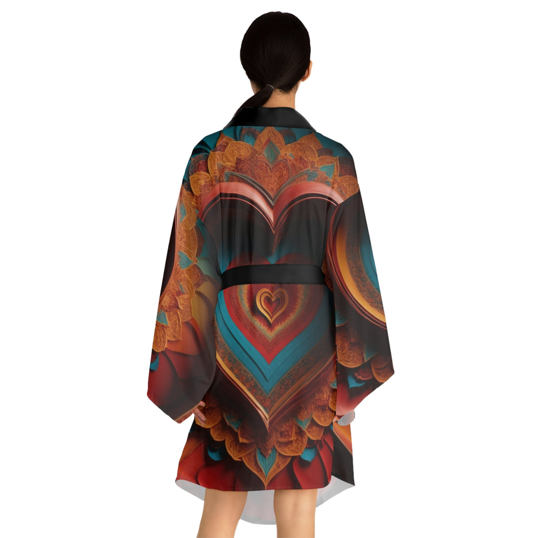 Infinite Layered Hearts - Long Sleeve Kimono Robe - All Over Prints - g(0D·IO) - XS - Black -