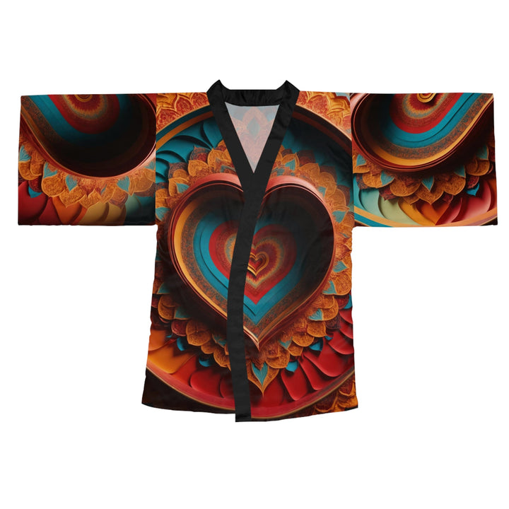 Infinite Layered Hearts - Long Sleeve Kimono Robe - All Over Prints - g(0D·IO) - XS - Black -