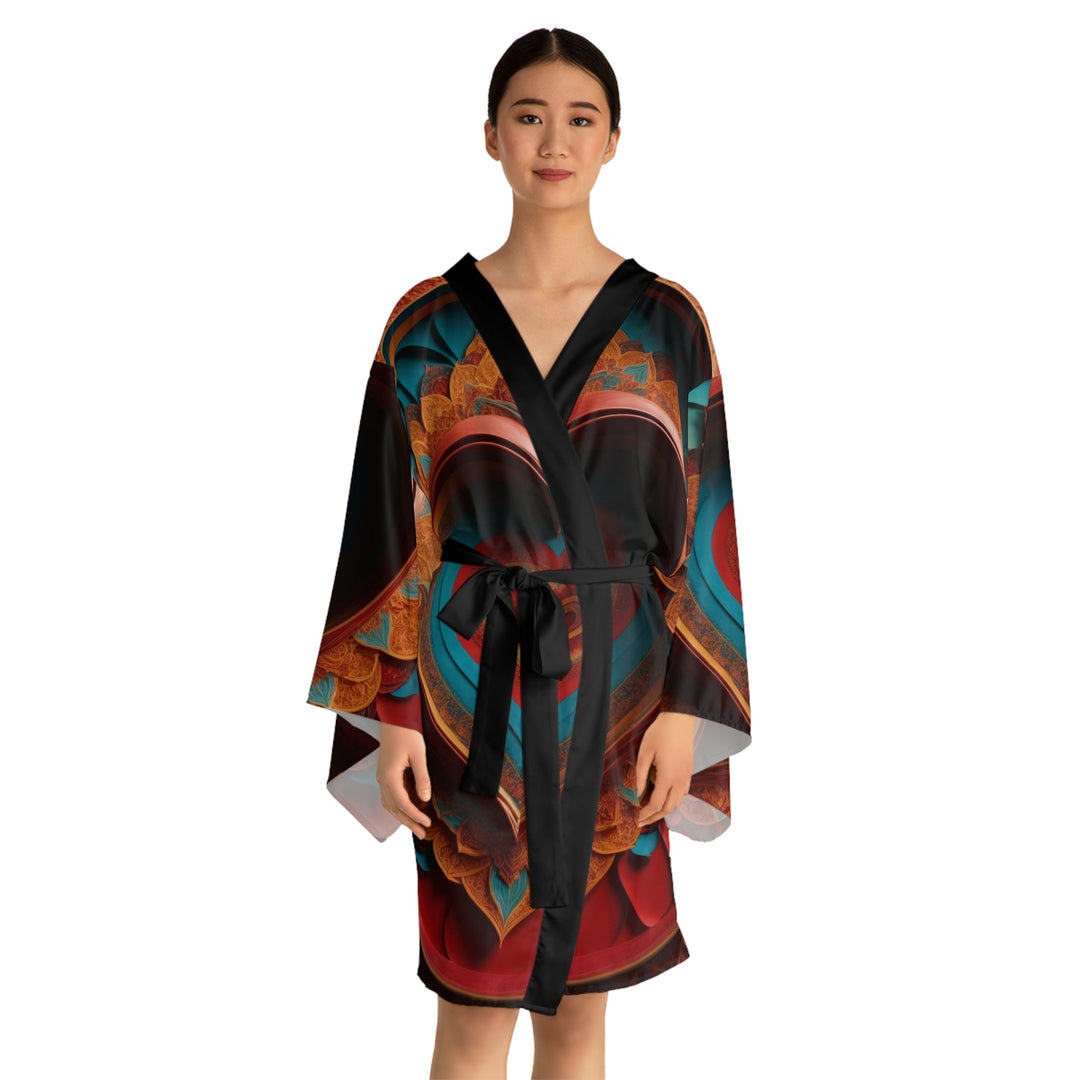 Infinite Layered Hearts - Long Sleeve Kimono Robe - All Over Prints - g(0D·IO) - XS - Black -