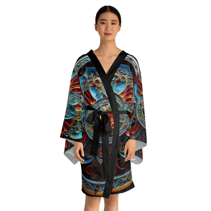 Intricate Floral Mandala - Long Sleeve Kimono Robe - All Over Prints - g(0D·IO) - XS - Black -