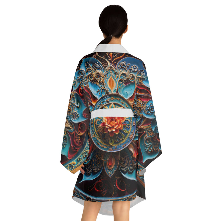 Intricate Floral Mandala - Long Sleeve Kimono Robe - All Over Prints - g(0D·IO) - XS - Black -