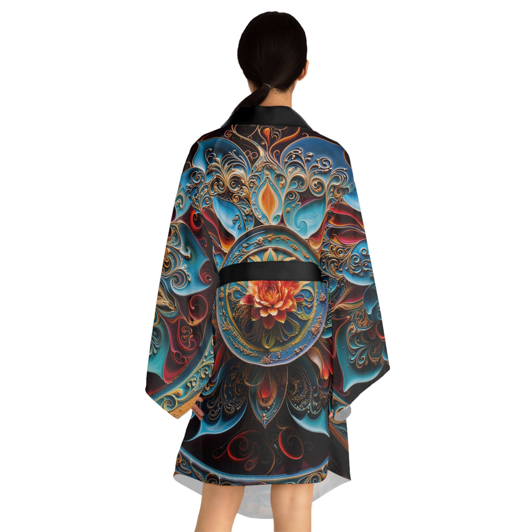 Intricate Floral Mandala - Long Sleeve Kimono Robe - All Over Prints - g(0D·IO) - XS - Black -