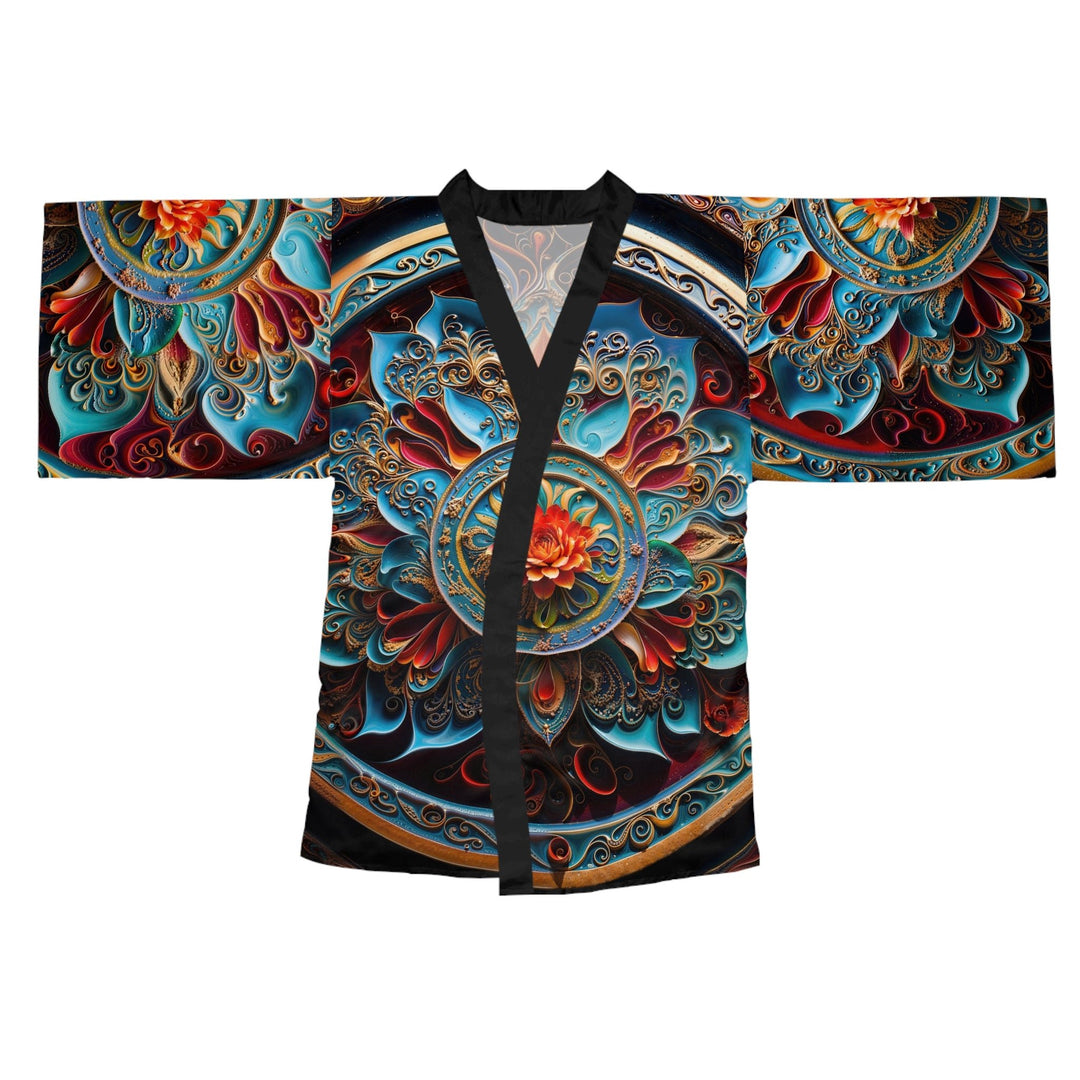 Intricate Floral Mandala - Long Sleeve Kimono Robe - All Over Prints - g(0D·IO) - XS - Black -