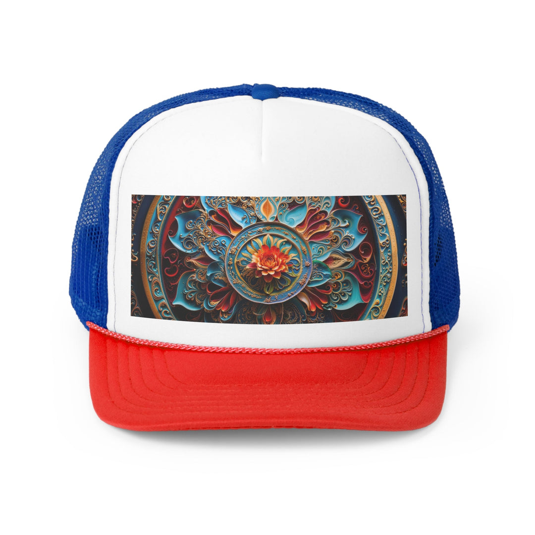 Intricate Floral Mandala - Trucker Hat - Hats - g(0D·IO) - Blue/Red - One size -