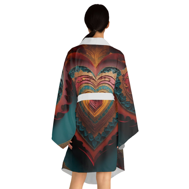 Intricate Heart Mandala - Long Sleeve Kimono Robe - All Over Prints - g(0D·IO) - XS - Black -