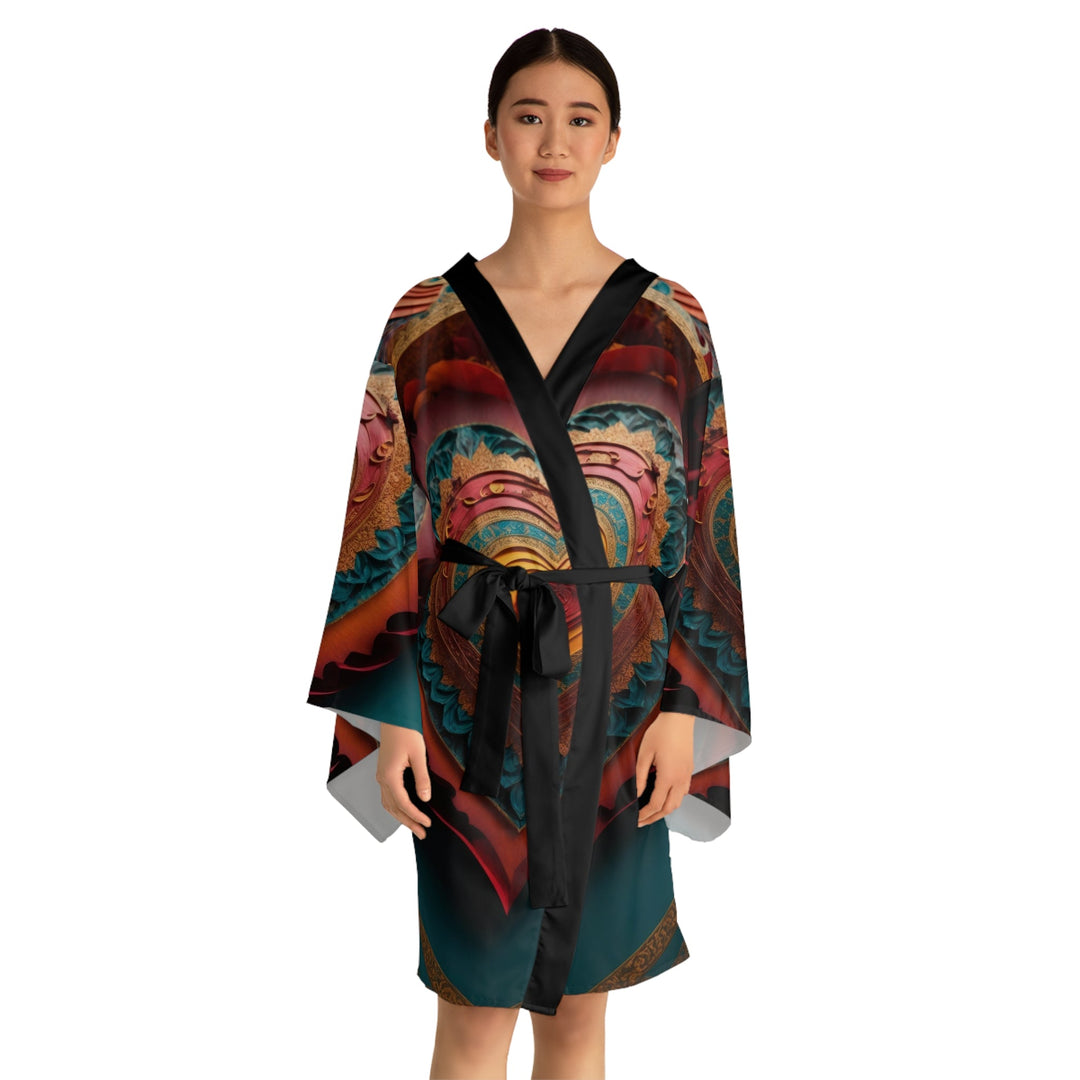 Intricate Heart Mandala - Long Sleeve Kimono Robe - All Over Prints - g(0D·IO) - XS - Black -