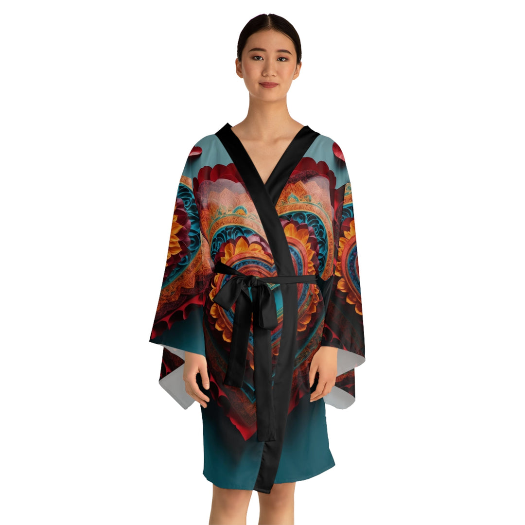 Intricate Layered Heart - Long Sleeve Kimono Robe - All Over Prints - g(0D·IO) - XS - Black -