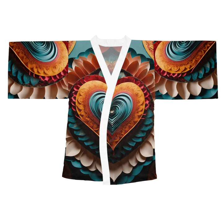 Layered Heart Artwork - Long Sleeve Kimono Robe - All Over Prints - g(0D·IO) - XS - White -