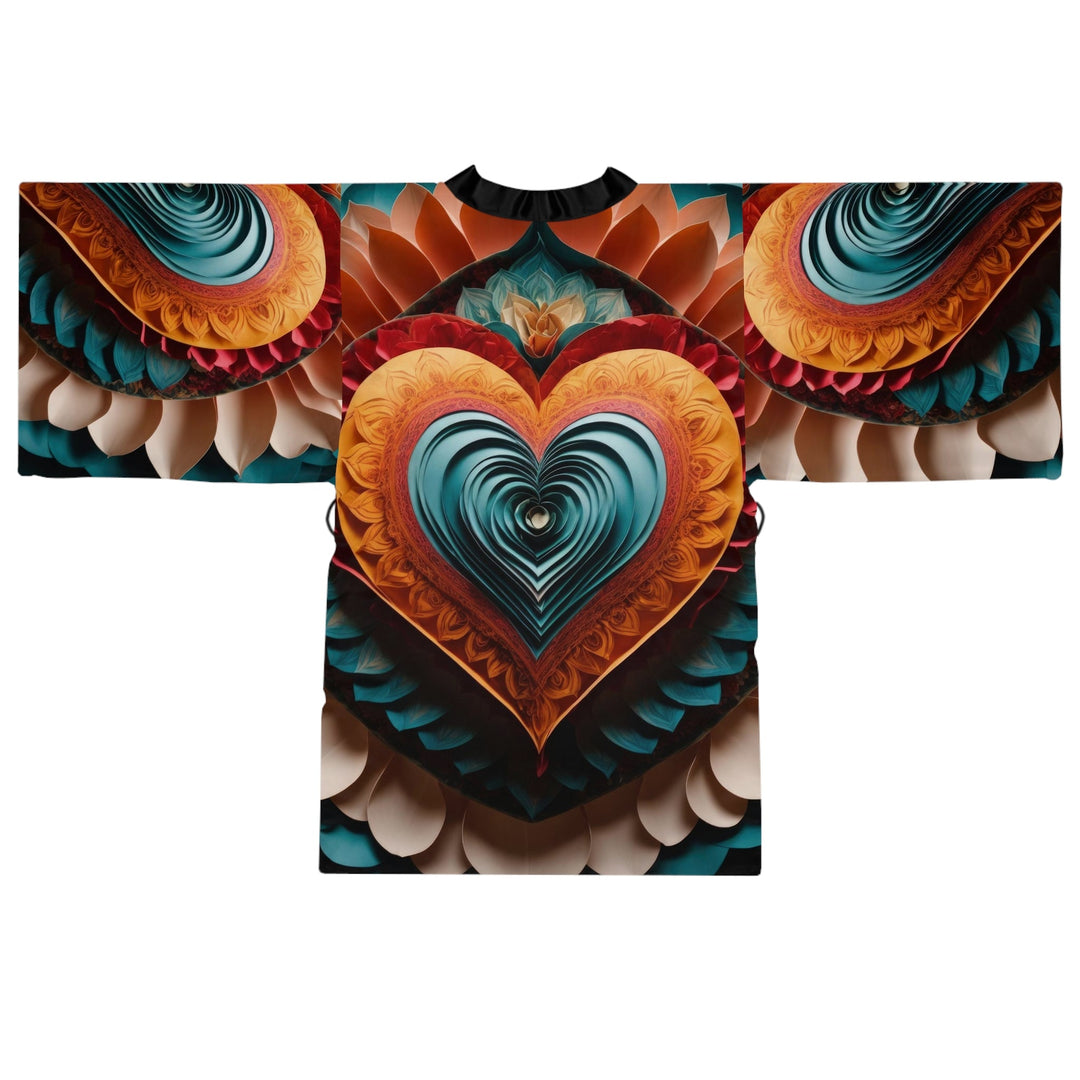 Layered Heart Artwork - Long Sleeve Kimono Robe - All Over Prints - g(0D·IO) - XS - Black -