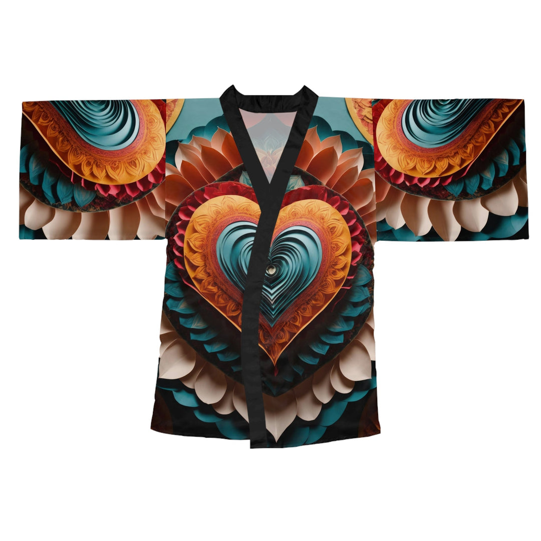 Layered Heart Artwork - Long Sleeve Kimono Robe - All Over Prints - g(0D·IO) - XS - Black -