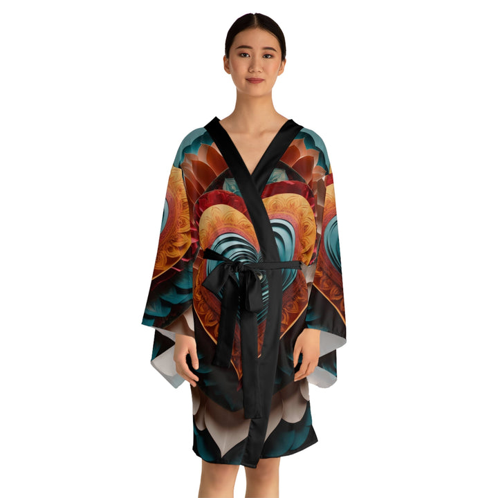 Layered Heart Artwork - Long Sleeve Kimono Robe - All Over Prints - g(0D·IO) - XS - Black -