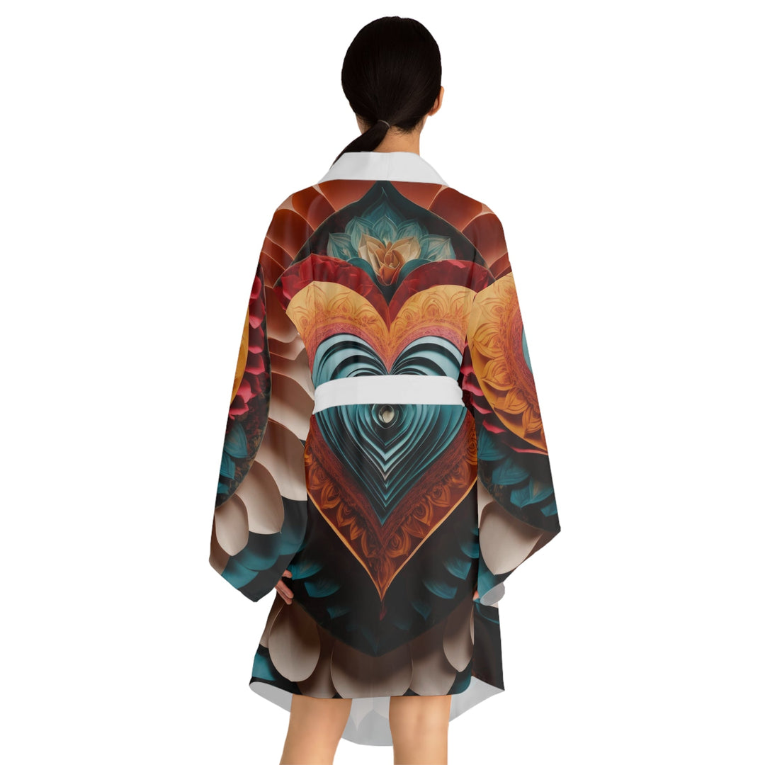 Layered Heart Artwork - Long Sleeve Kimono Robe - All Over Prints - g(0D·IO) - XS - Black -