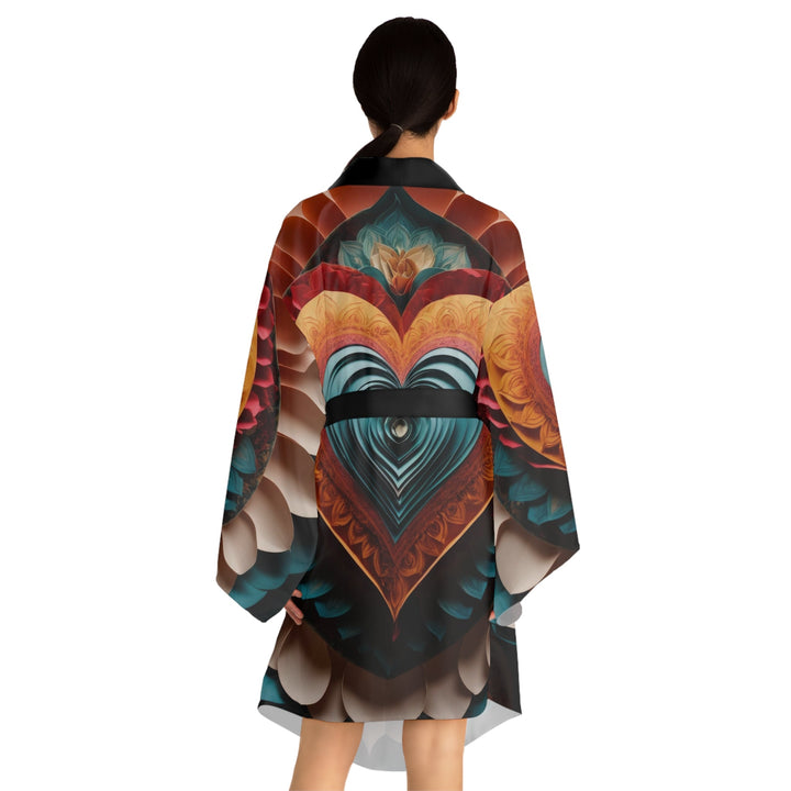 Layered Heart Artwork - Long Sleeve Kimono Robe - All Over Prints - g(0D·IO) - XS - Black -