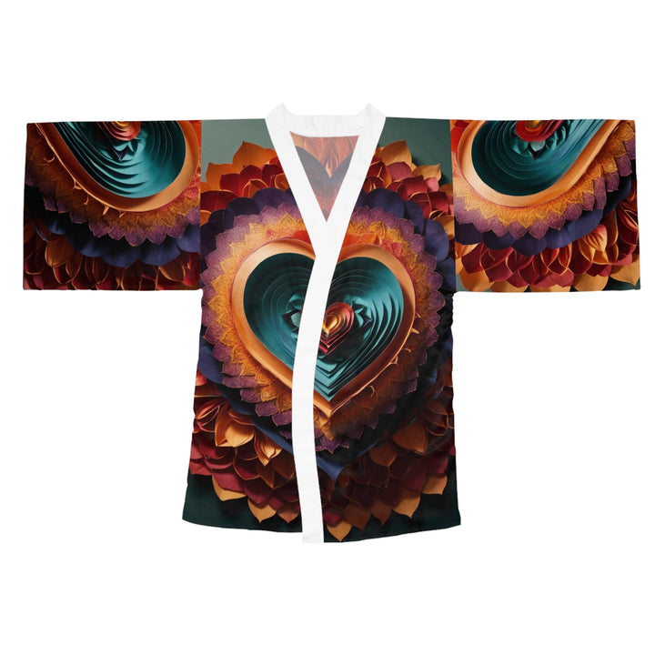 Layered Heart Bloom - Long Sleeve Kimono Robe - All Over Prints - g(0D·IO) - XS - White -