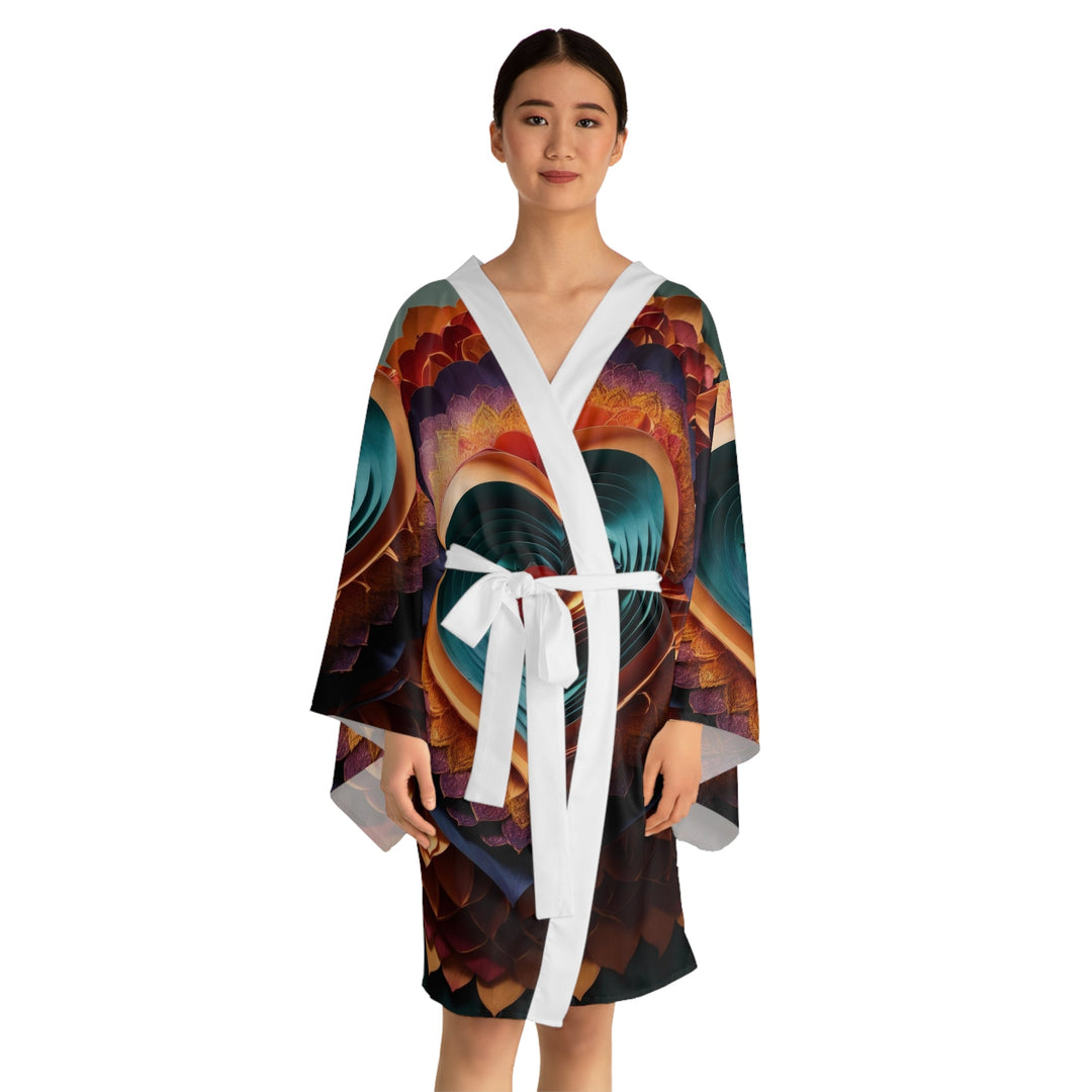 Layered Heart Bloom - Long Sleeve Kimono Robe - All Over Prints - g(0D·IO) - XS - Black -