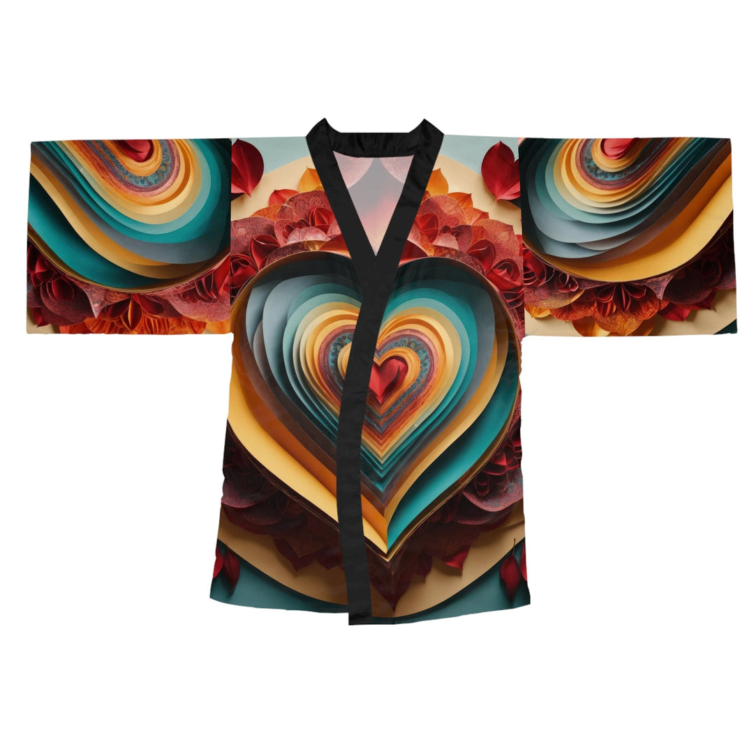 Layered Heart Blossoms - Long Sleeve Kimono Robe - All Over Prints - g(0D·IO) - XS - Black -