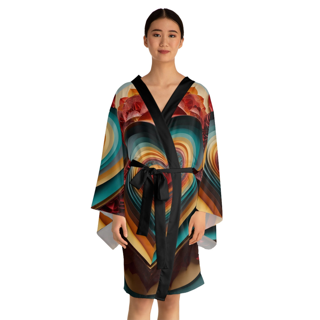 Layered Heart Blossoms - Long Sleeve Kimono Robe - All Over Prints - g(0D·IO) - XS - Black -