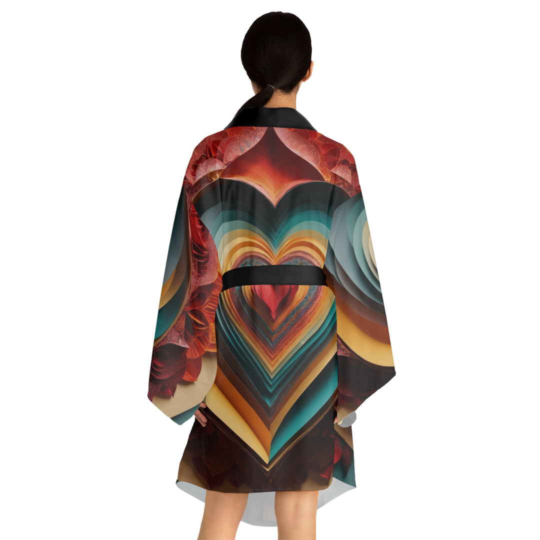 Layered Heart Blossoms - Long Sleeve Kimono Robe - All Over Prints - g(0D·IO) - XS - Black -