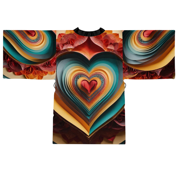 Layered Heart Blossoms - Long Sleeve Kimono Robe - All Over Prints - g(0D·IO) - XS - Black -