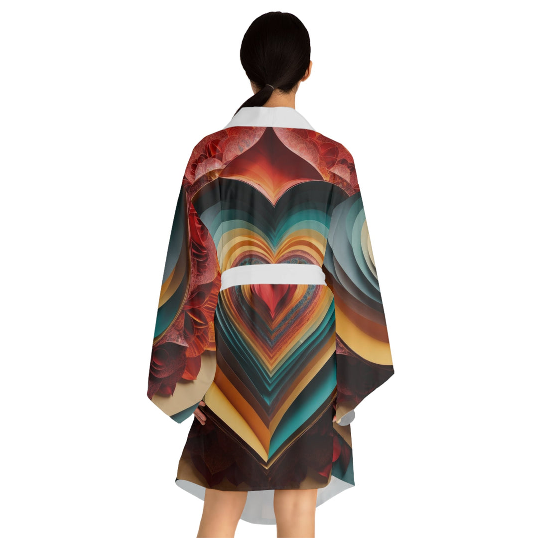 Layered Heart Blossoms - Long Sleeve Kimono Robe - All Over Prints - g(0D·IO) - XS - Black -