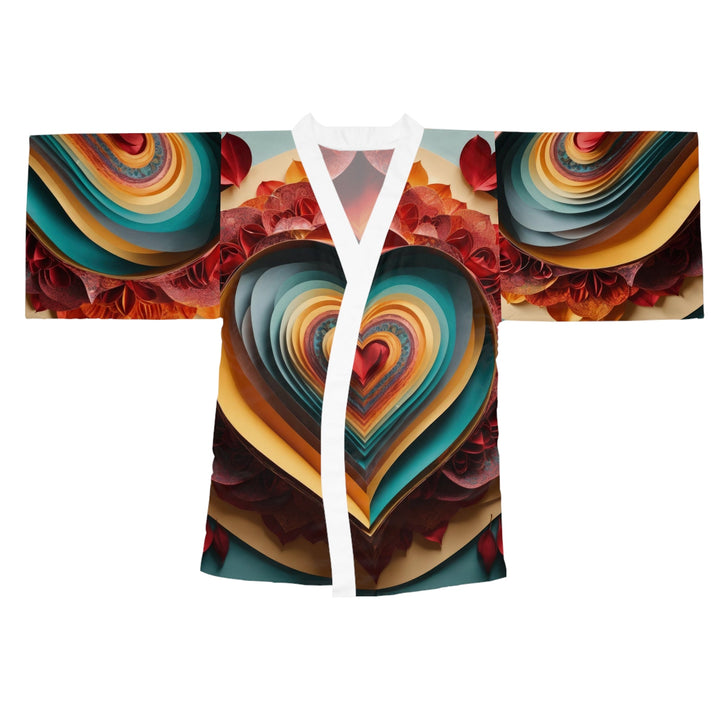 Layered Heart Blossoms - Long Sleeve Kimono Robe - All Over Prints - g(0D·IO) - XS - White -