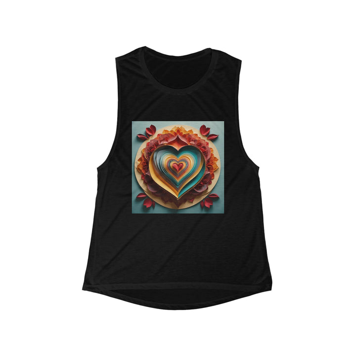 Layered Heart Blossoms - Women's Flowy Scoop Muscle Tank - Tank Top - g(0D·IO) - S - Black -