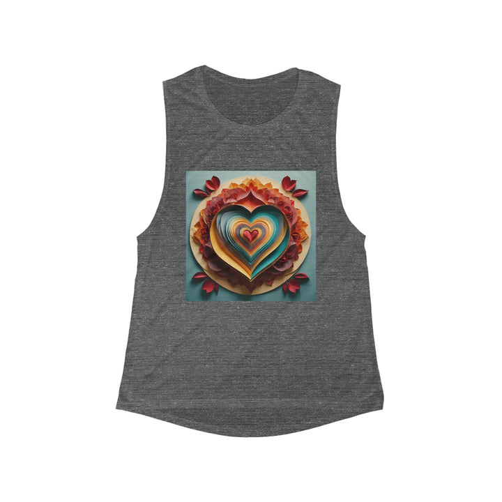 Layered Heart Blossoms - Women's Flowy Scoop Muscle Tank - Tank Top - g(0D·IO) - S - Asphalt Slub -