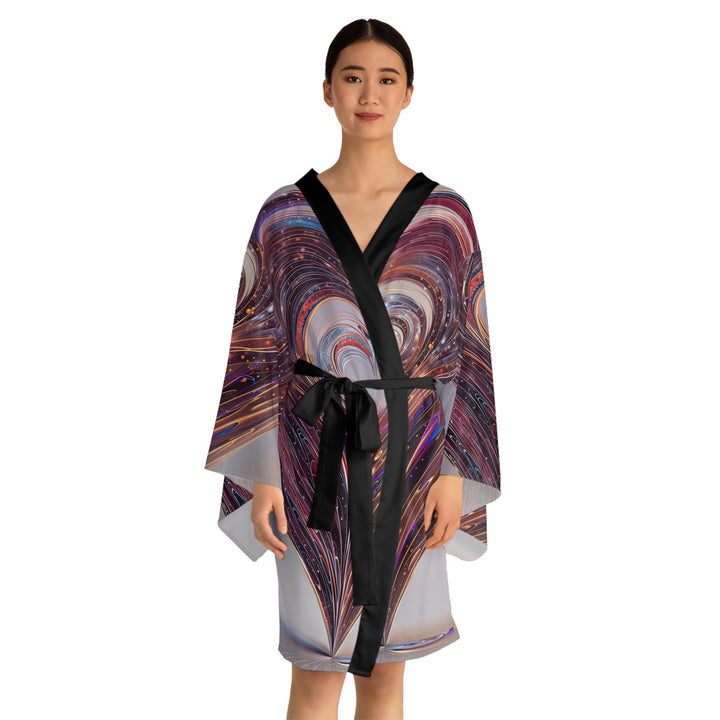 Luminous Swirling Heart - Long Sleeve Kimono Robe - All Over Prints - g(0D·IO) - XS - Black -