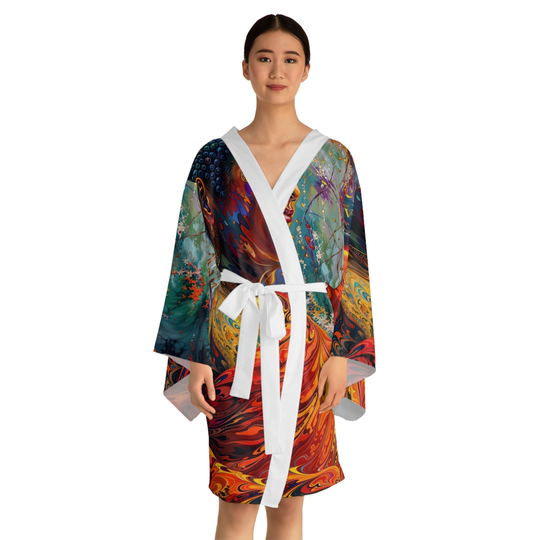 Meditative Vibrant Tranquility - Long Sleeve Kimono Robe - All Over Prints - g(0D·IO) - XS - Black -