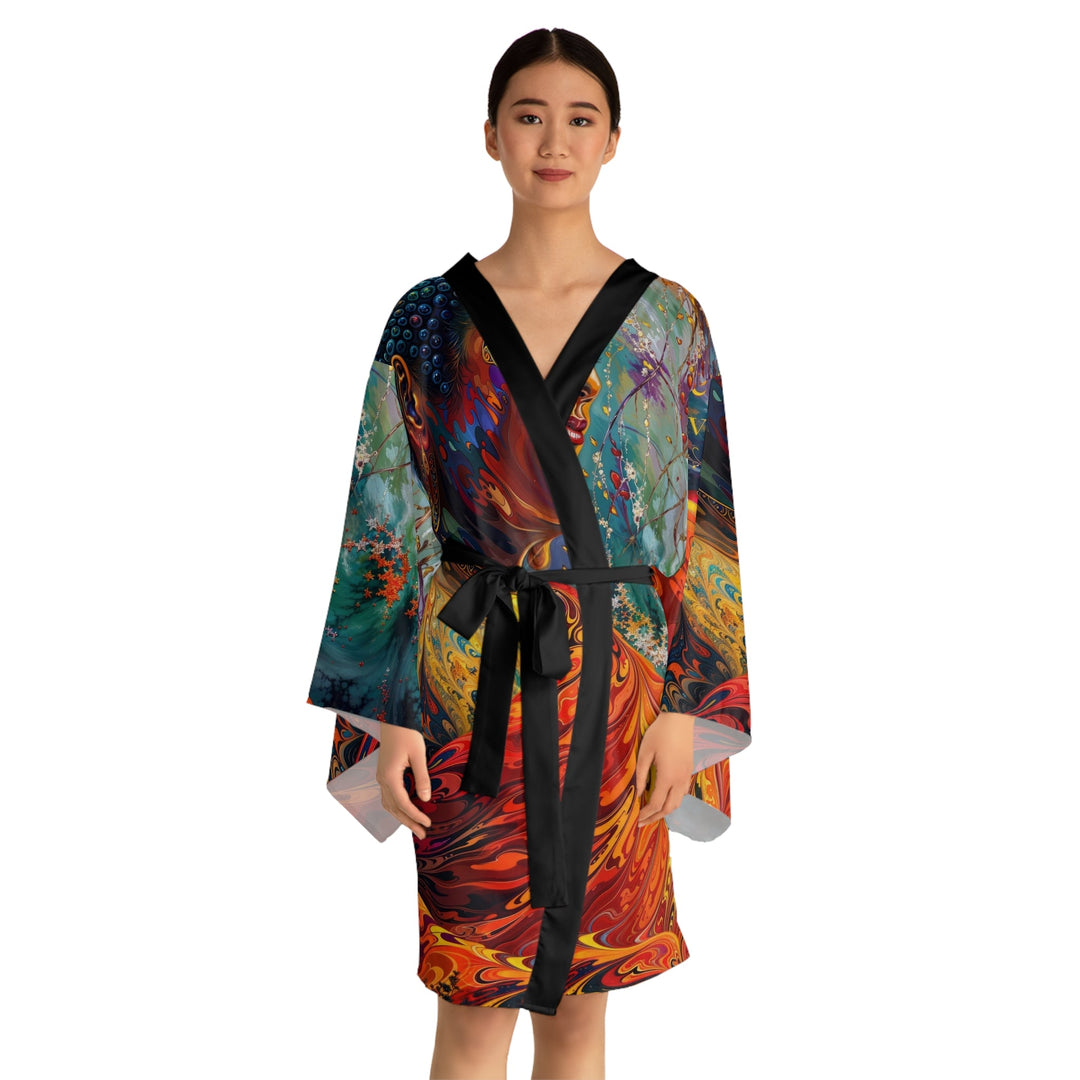 Meditative Vibrant Tranquility - Long Sleeve Kimono Robe - All Over Prints - g(0D·IO) - XS - Black -