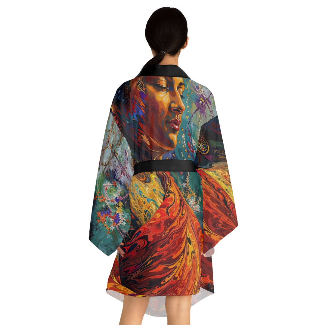 Meditative Vibrant Tranquility - Long Sleeve Kimono Robe - All Over Prints - g(0D·IO) - XS - Black -