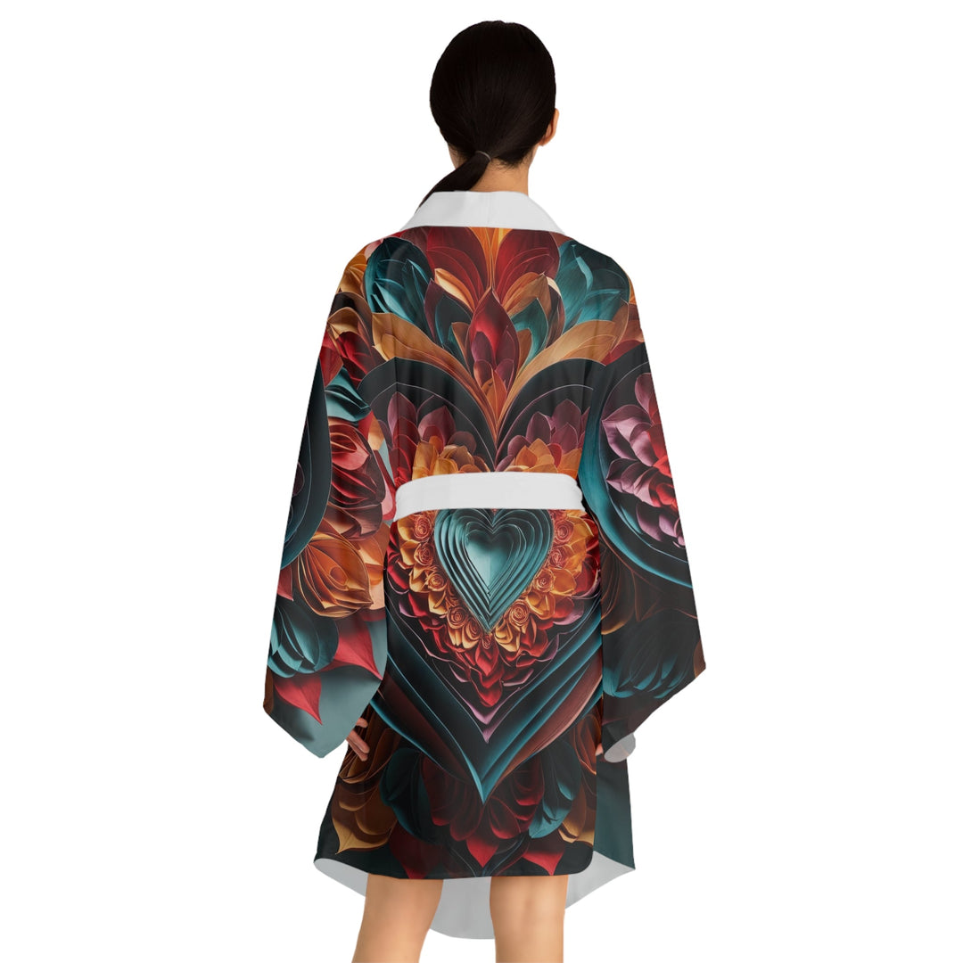 Multilayered Floral Heart - Long Sleeve Kimono Robe - All Over Prints - g(0D·IO) - XS - Black -