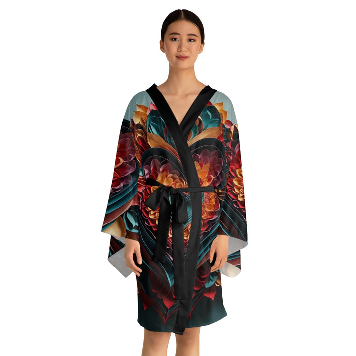 Multilayered Floral Heart - Long Sleeve Kimono Robe - All Over Prints - g(0D·IO) - XS - Black -