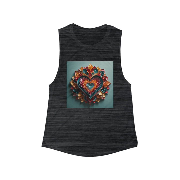 Multilayered Floral Heart - Women's Flowy Scoop Muscle Tank - Tank Top - g(0D·IO) - S - Black Slub -