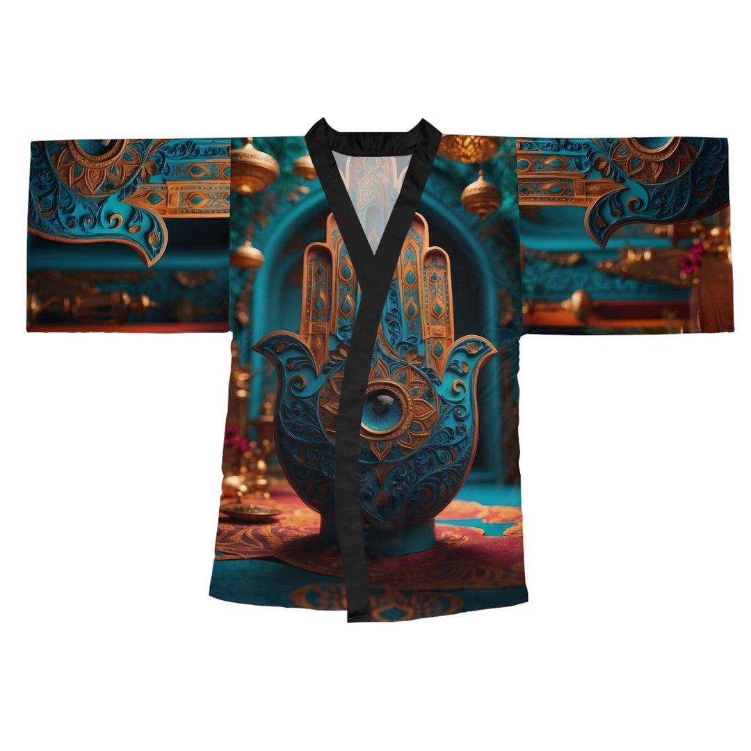 Mystical Hamsa Elegance - Long Sleeve Kimono Robe - All Over Prints - g(0D·IO) - XS - Black -