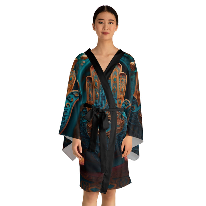 Mystical Hamsa Elegance - Long Sleeve Kimono Robe - All Over Prints - g(0D·IO) - XS - Black -