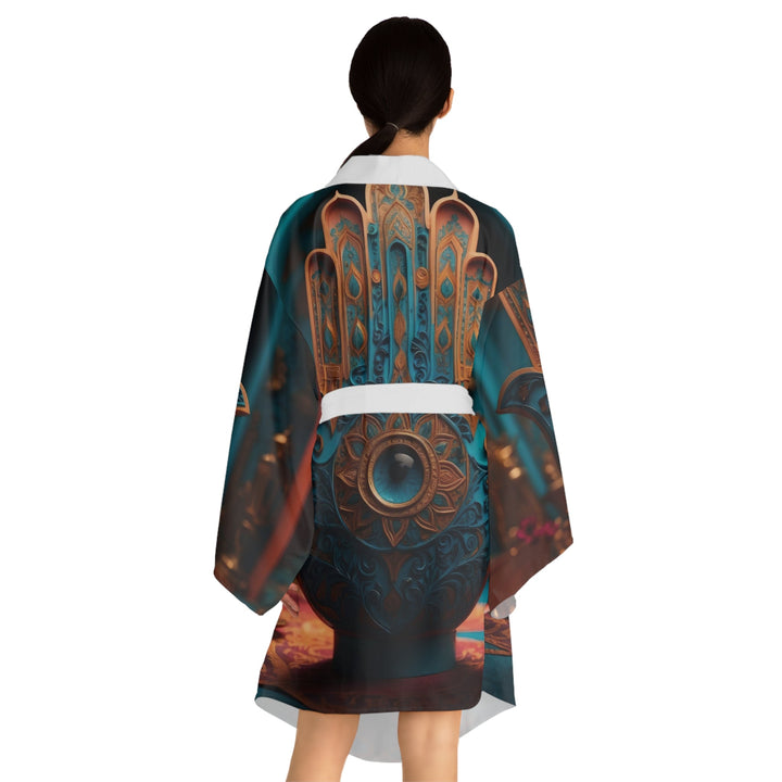 Mystical Hamsa Elegance - Long Sleeve Kimono Robe - All Over Prints - g(0D·IO) - XS - Black -