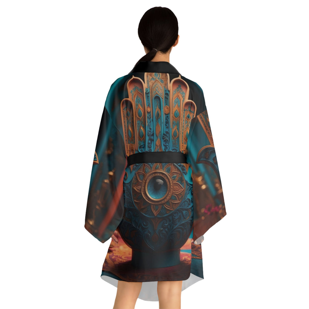 Mystical Hamsa Elegance - Long Sleeve Kimono Robe - All Over Prints - g(0D·IO) - XS - Black -