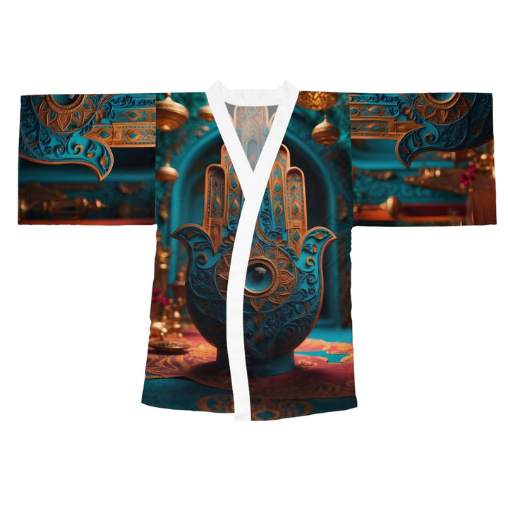 Mystical Hamsa Elegance - Long Sleeve Kimono Robe - All Over Prints - g(0D·IO) - XS - White -