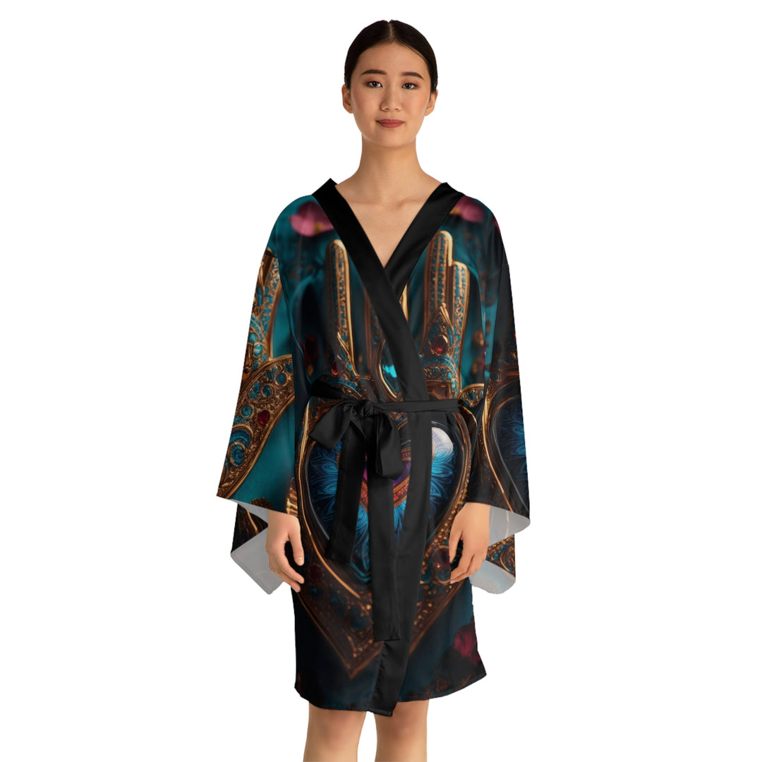 Mystical Heart Hamsa - Long Sleeve Kimono Robe - All Over Prints - g(0D·IO) - XS - Black -