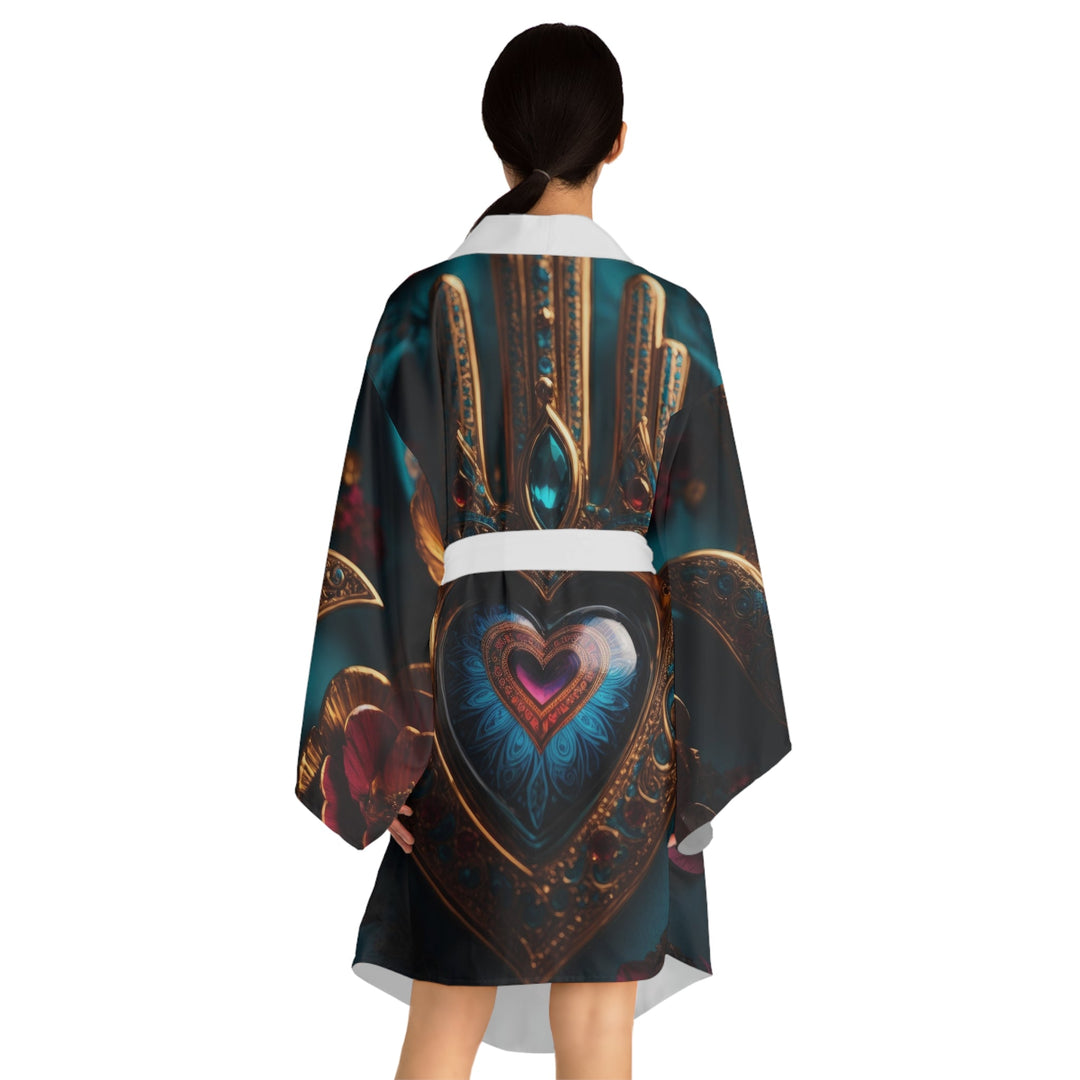 Mystical Heart Hamsa - Long Sleeve Kimono Robe - All Over Prints - g(0D·IO) - XS - Black -