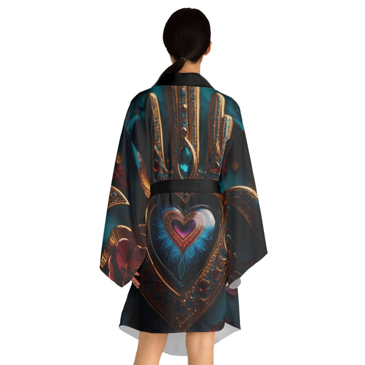 Mystical Heart Hamsa - Long Sleeve Kimono Robe - All Over Prints - g(0D·IO) - XS - Black -