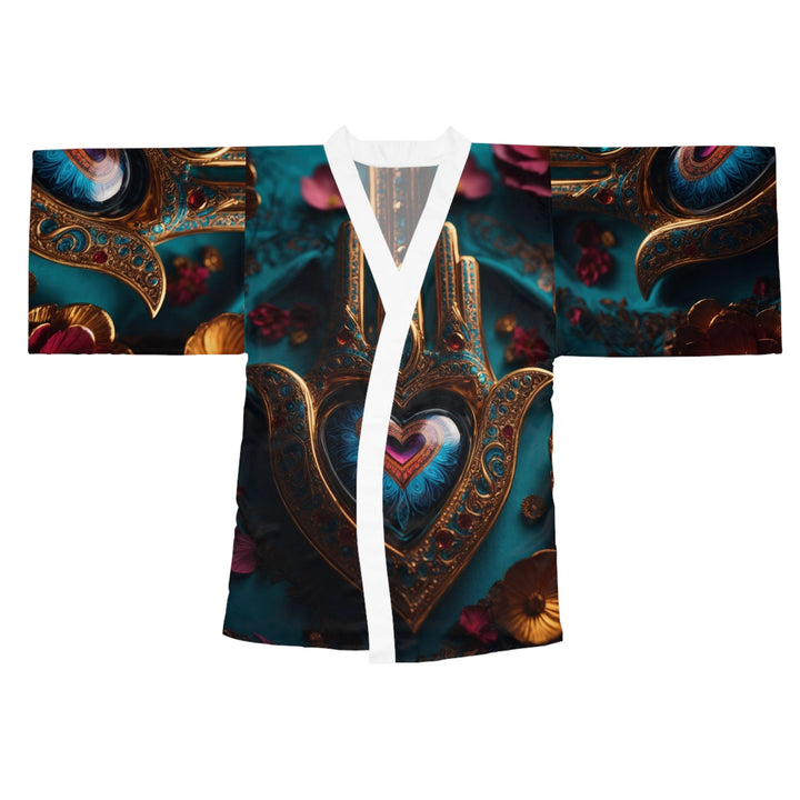 Mystical Heart Hamsa - Long Sleeve Kimono Robe - All Over Prints - g(0D·IO) - XS - White -