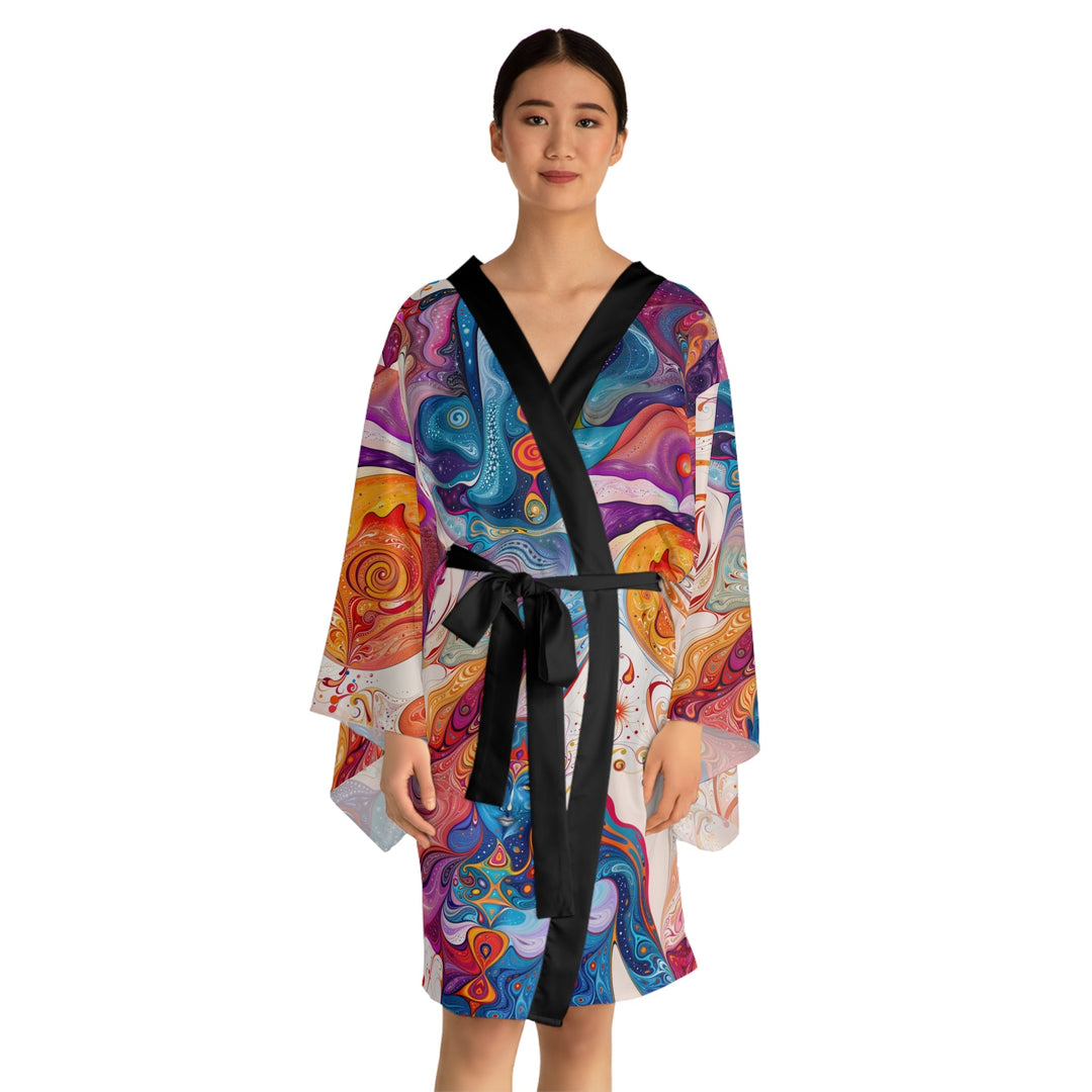 Mystical Swirls Harmony - Long Sleeve Kimono Robe - All Over Prints - g(0D·IO) - XS - Black -