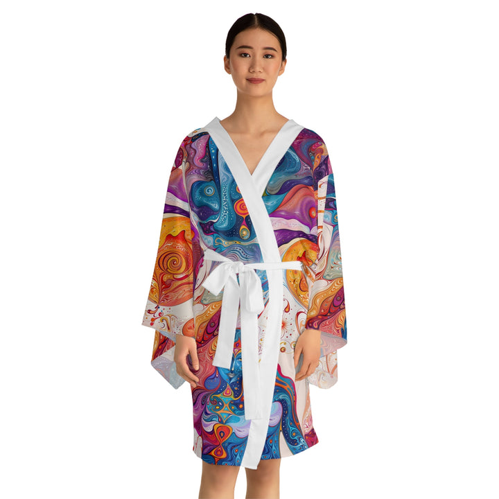 Mystical Swirls Harmony - Long Sleeve Kimono Robe - All Over Prints - g(0D·IO) - XS - Black -