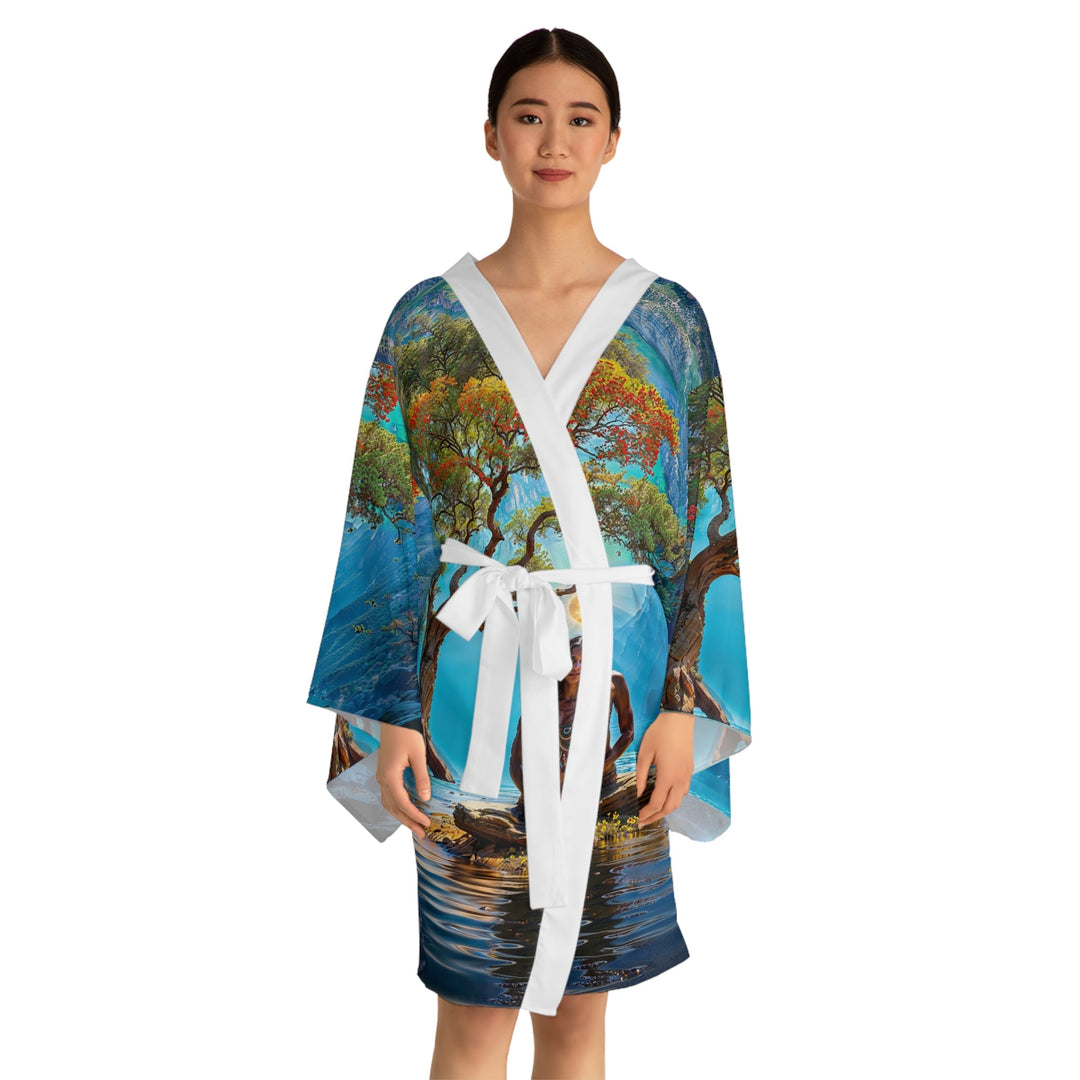 Mystical Tranquil Valley - Long Sleeve Kimono Robe - All Over Prints - g(0D·IO) - XS - Black -