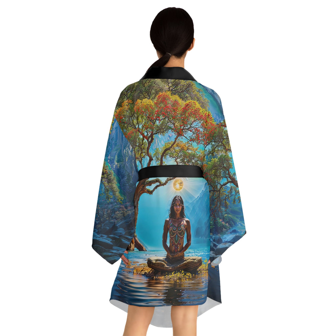 Mystical Tranquil Valley - Long Sleeve Kimono Robe - All Over Prints - g(0D·IO) - XS - Black -