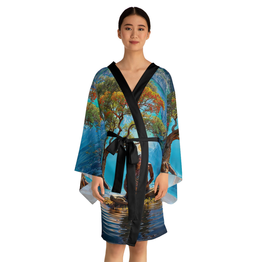 Mystical Tranquil Valley - Long Sleeve Kimono Robe - All Over Prints - g(0D·IO) - XS - Black -